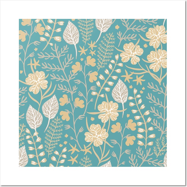 Retro Flowers and Leaf Teal Wall Art by DesignIndex